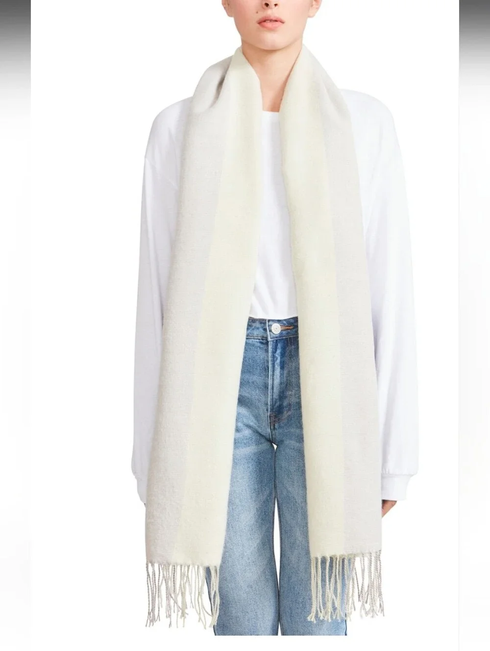 Steve Madden Long Fringe Ombre Scarf in Cream, Pale Green and Light Gray. NWT